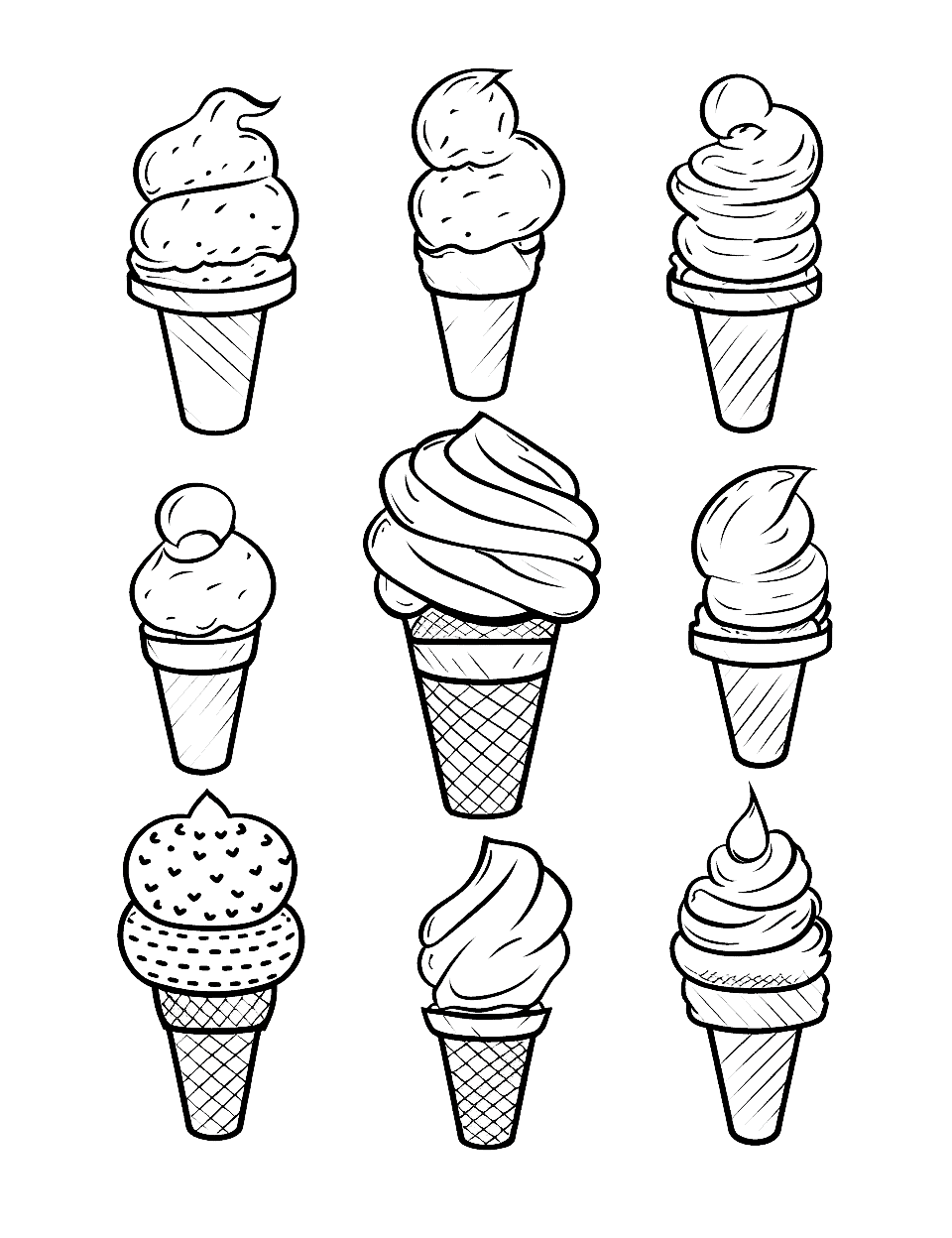 Different Ice Cream Coloring Page - Different ice creams of various flavors and designs.
