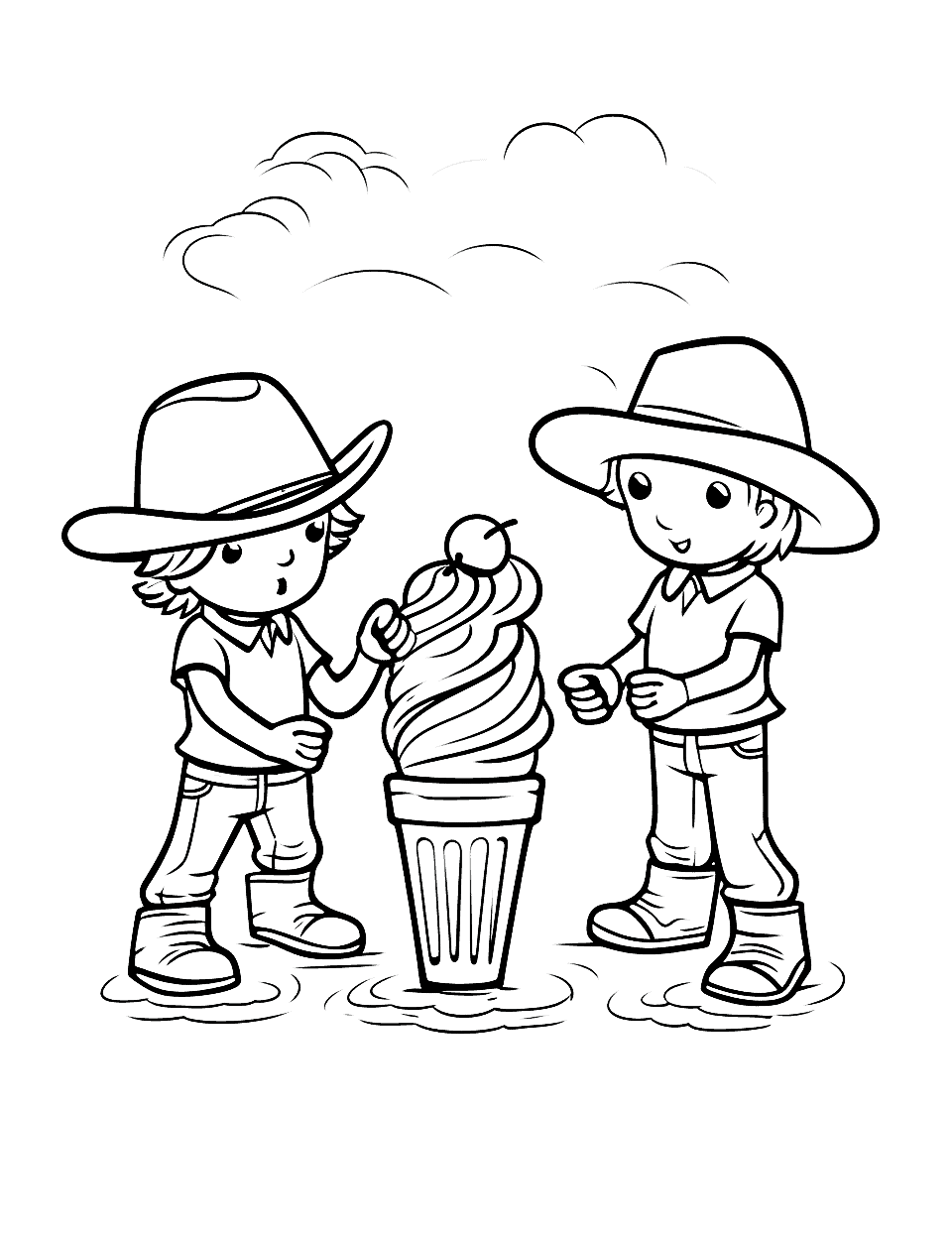 Cowboy Ice Cream Showdown Coloring Page - Cowboys at a fun duel beside a huge ice cream cone.