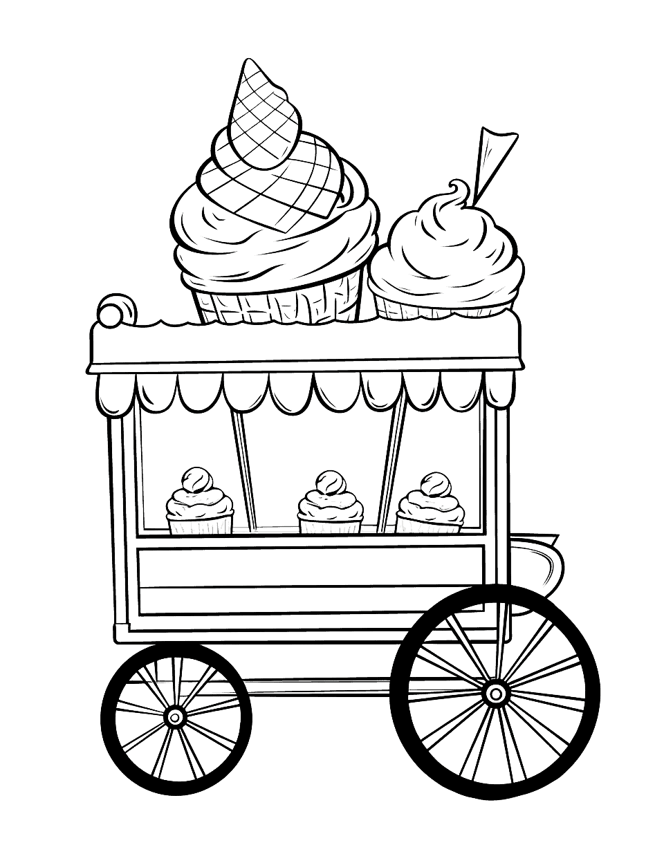 Summer Ice Cream Cart Coloring Page - A vintage summer cart filled with different flavors of ice cream.