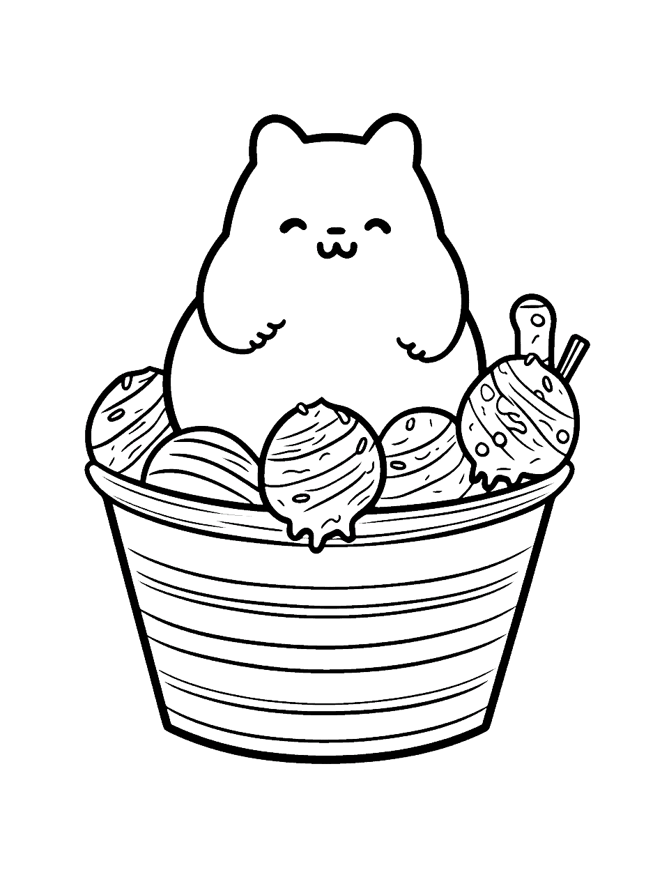 Pusheen's Ice Cream Party Coloring Page - Pusheen enjoying a large bowl of her favorite ice cream flavors.