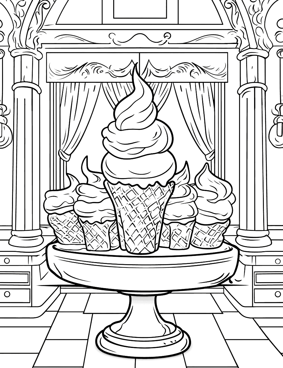 Detailed Ice Cream Parlor Coloring Page - A detailed scene inside an old-fashioned ice cream shop.