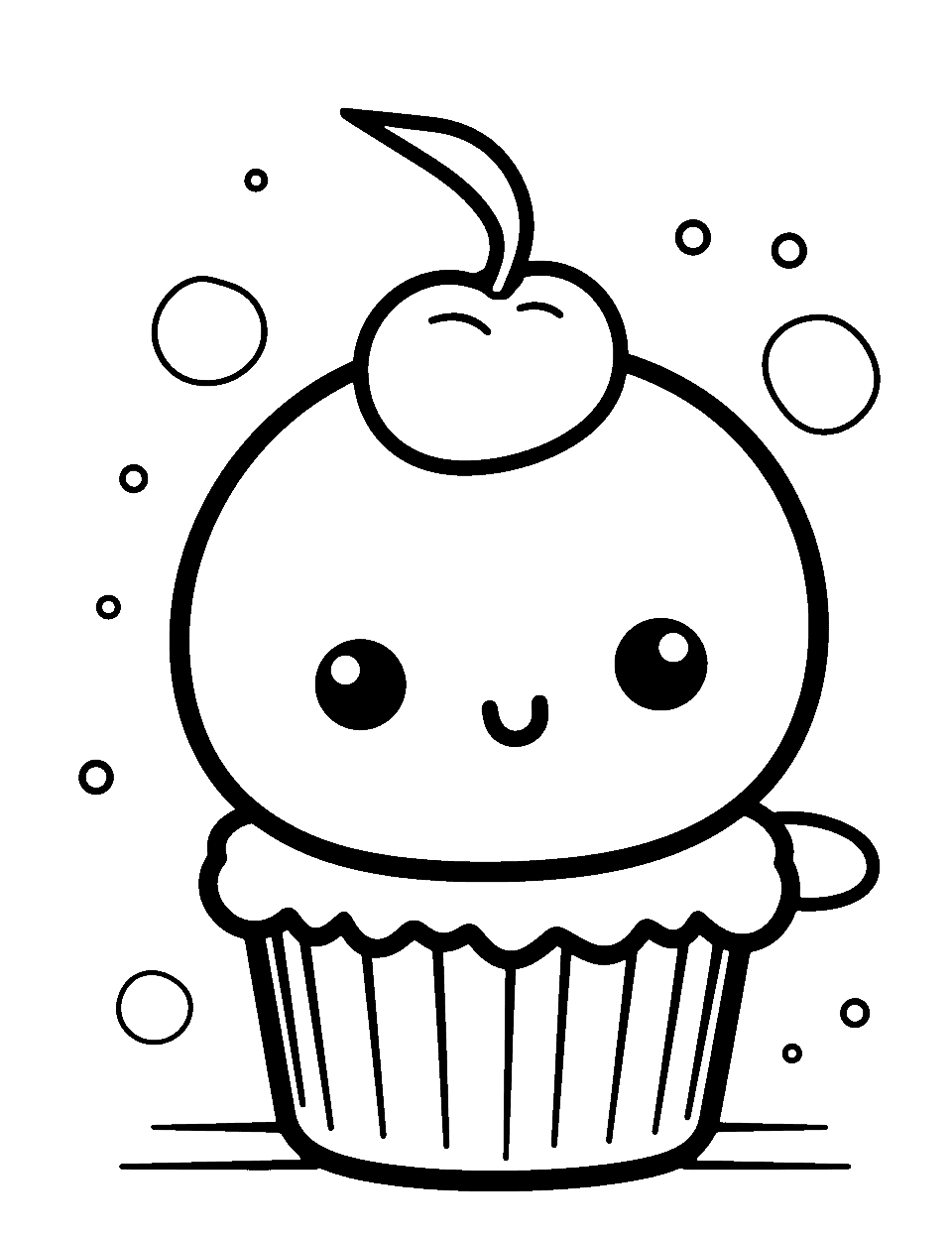 Kawaii Cupcake Surprise Coloring Page - An adorable cupcake with cute facial expressions and a surprise cherry on top.
