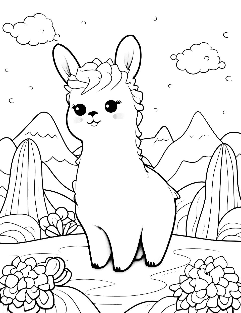 Friendly Llama's Mountain Adventure Kawaii Coloring Page - A cheerful llama in the mountain valleys, surrounded by colorful flora.