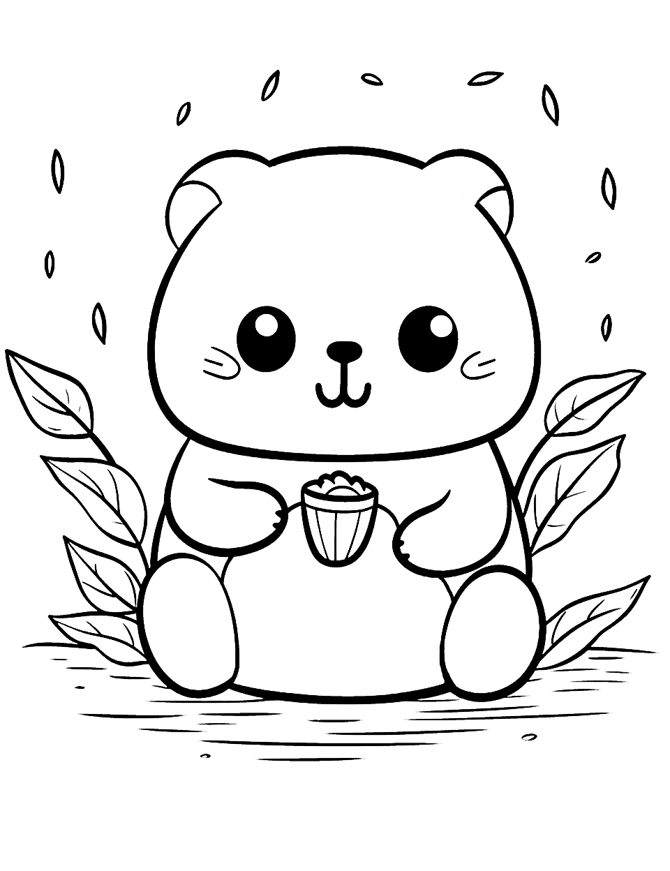 Panda's Lunch Kawaii Coloring Page - A cute Kawaii panda enjoying its favorite lunch in the forest.