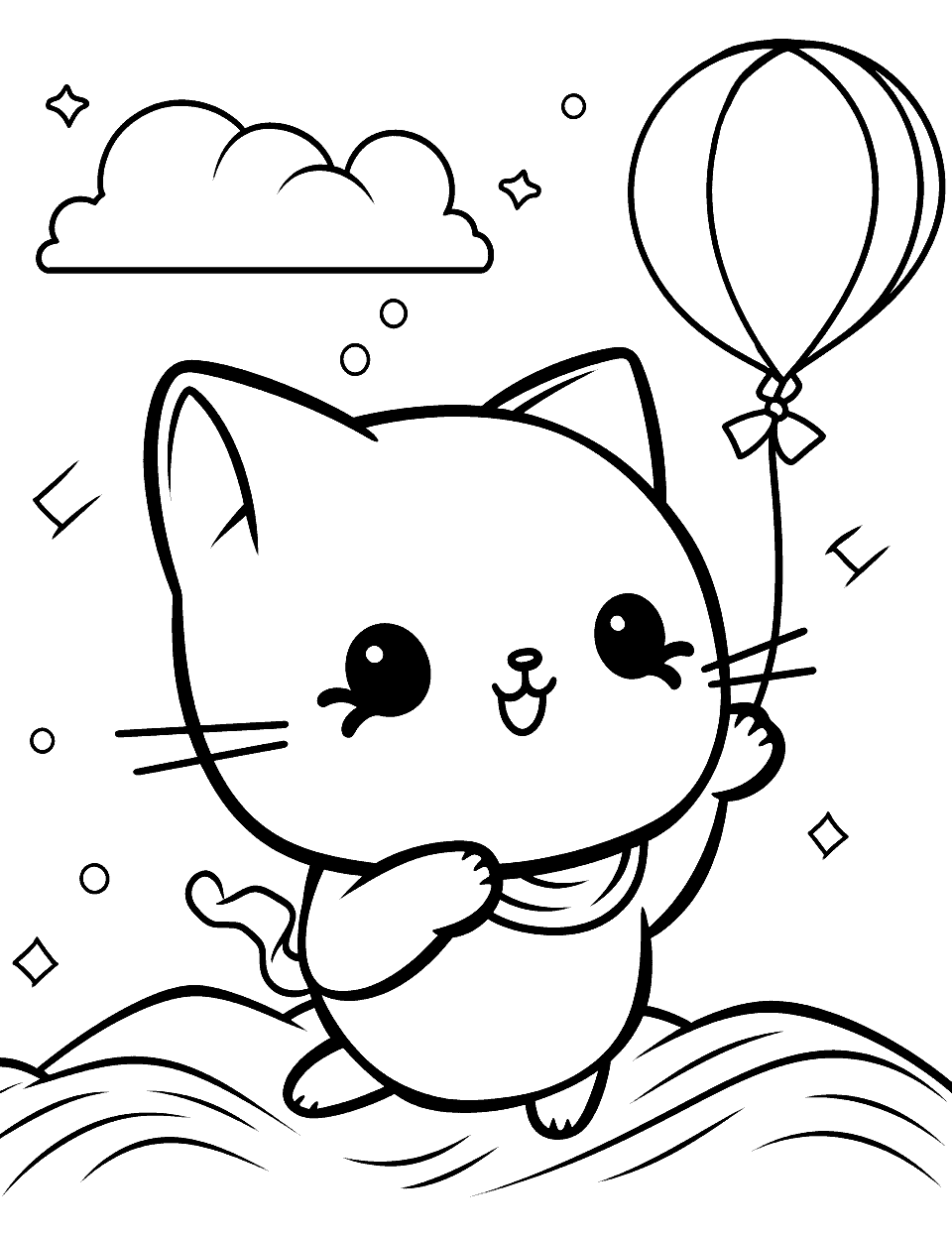 Breezy Day with Kawaii Kitty Coloring Page - A cheerful Kawaii kitty flying a colorful balloon on a breezy day.
