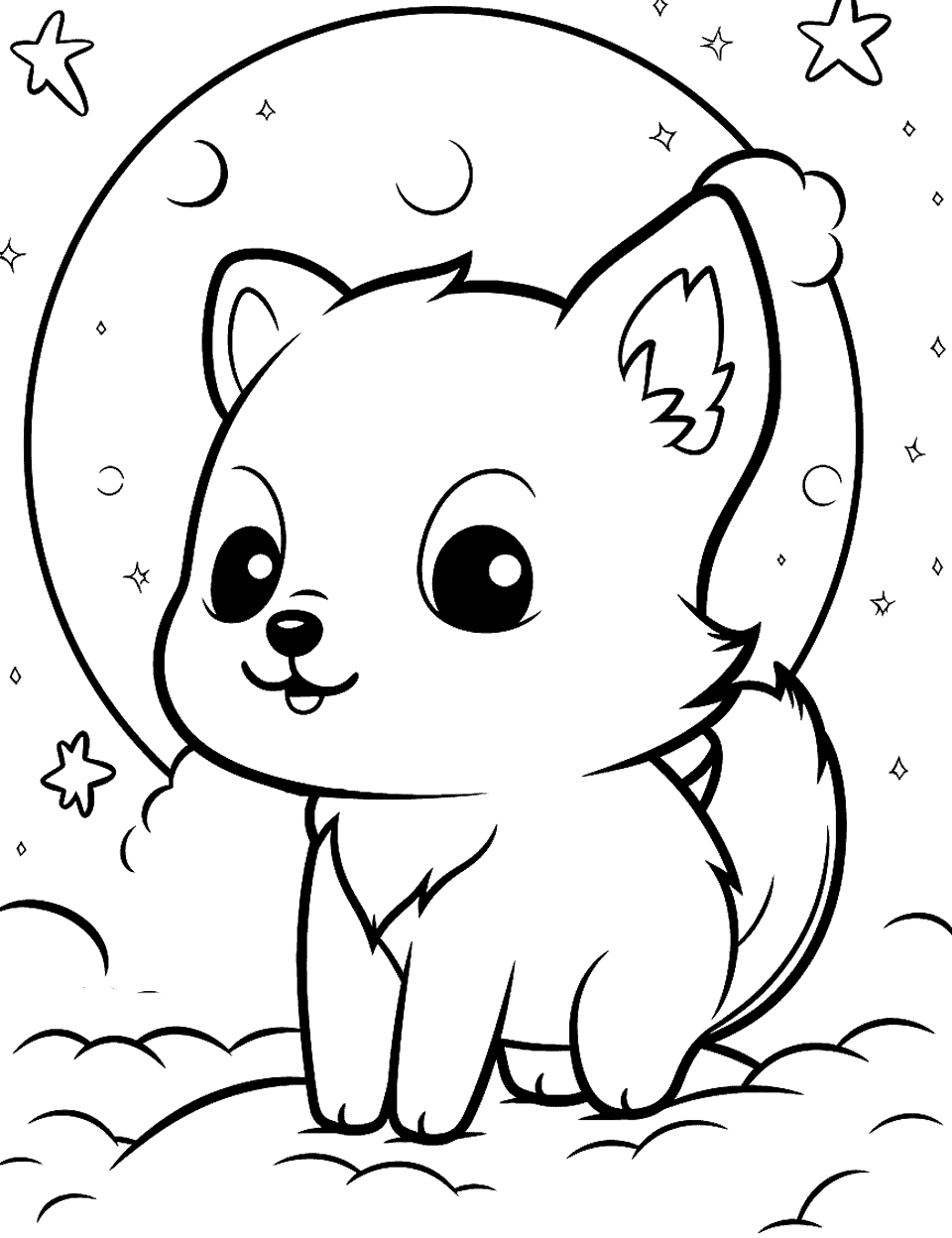 Wolf's Moonlight Stroll Kawaii Coloring Page - A cute Kawaii wolf taking a peaceful stroll under the moonlight.