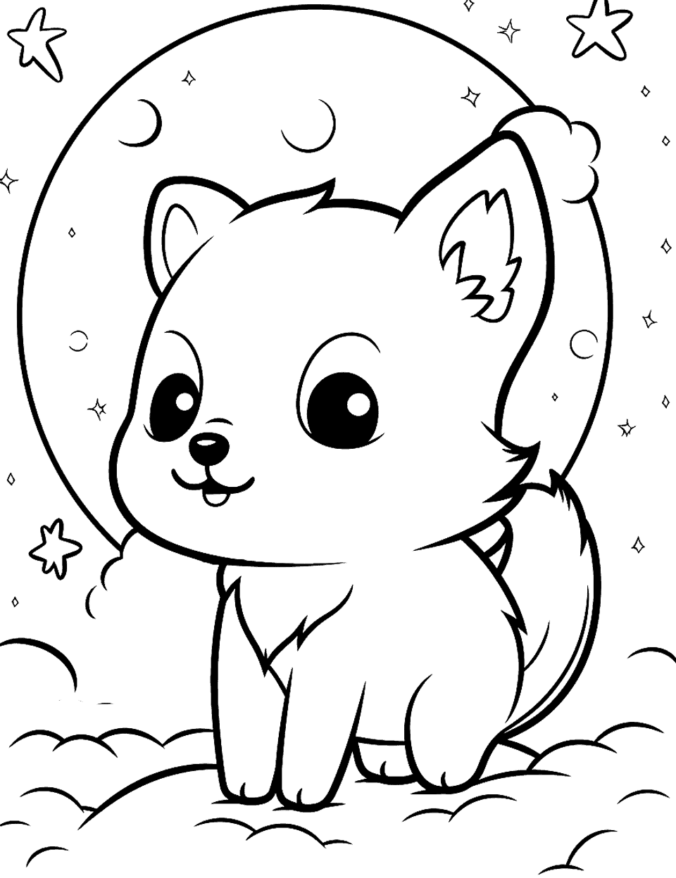 Wolf's Moonlight Stroll Coloring Page - A cute Kawaii wolf taking a peaceful stroll under the moonlight.