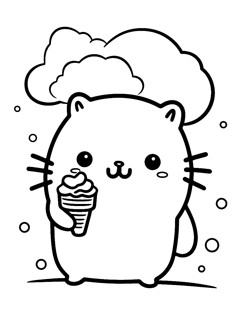 Pusheen's Ice Cream Treat Kawaii Coloring Page - Pusheen enjoying a big scoop of strawberry ice cream.