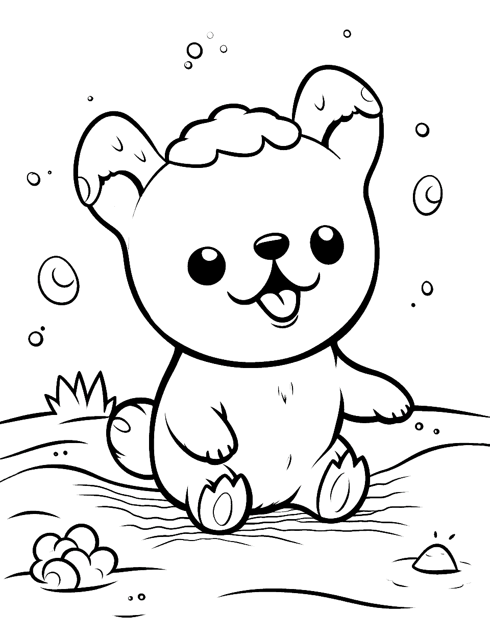 Summer Fun with Kawaii Dog Coloring Page - A cheerful Kawaii dog on the beach.