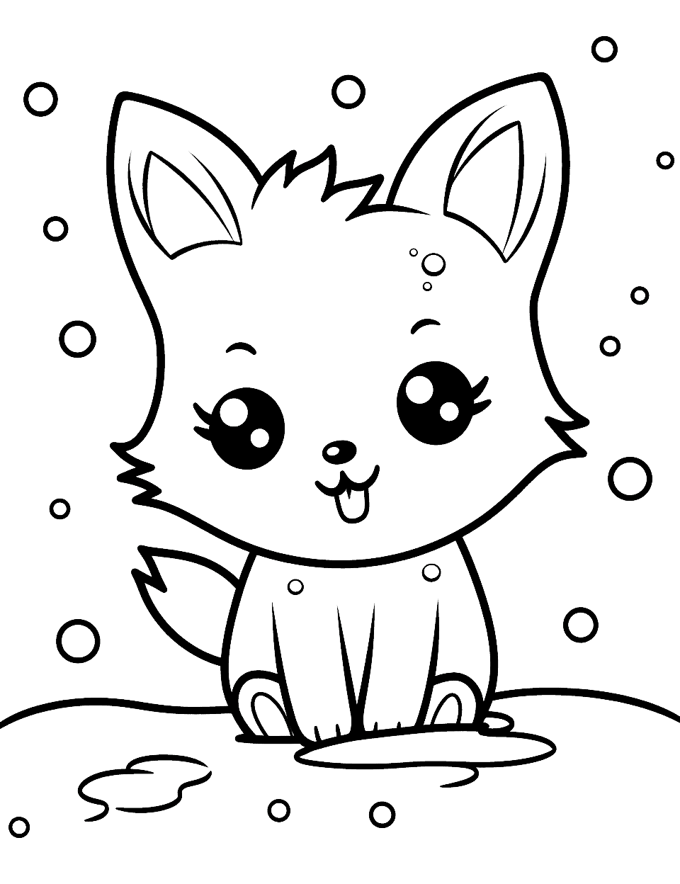 Chibi Wolf's Winter Wonderland Kawaii Coloring Page - A cute Chibi wolf playing in a snowy landscape, with snowflakes gently falling around.
