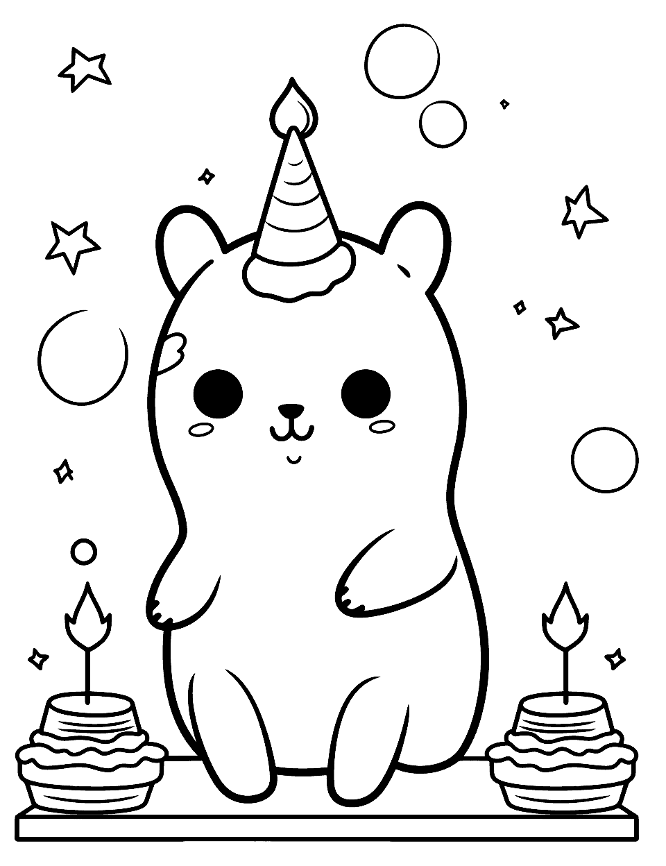 The Lovable Llama's Birthday Party Coloring Page - A Kawaii llama celebrates its birthday with a fun party and two birthday cakes.