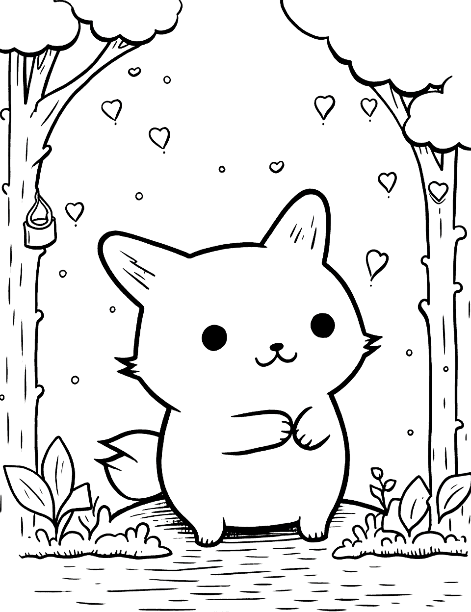 Fox's Fairy Tale Forest Kawaii Coloring Page - A Kawaii fox exploring a fairy tale forest.