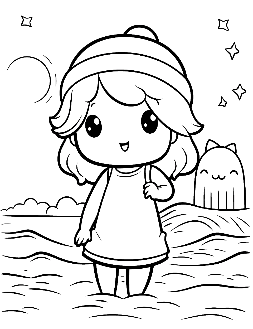 Anime Girl's Summer Adventure Kawaii Coloring Page - A Kawaii anime girl enjoying her summer by the beach.
