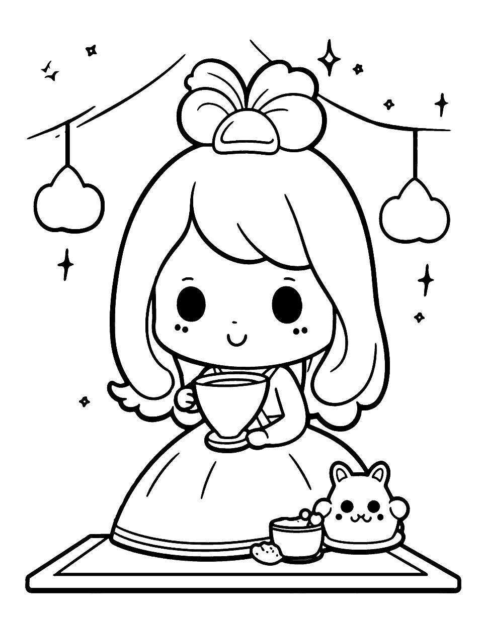 Kawaii Princess's Royal Tea Party Coloring Page - A Kawaii princess having a royal tea party.