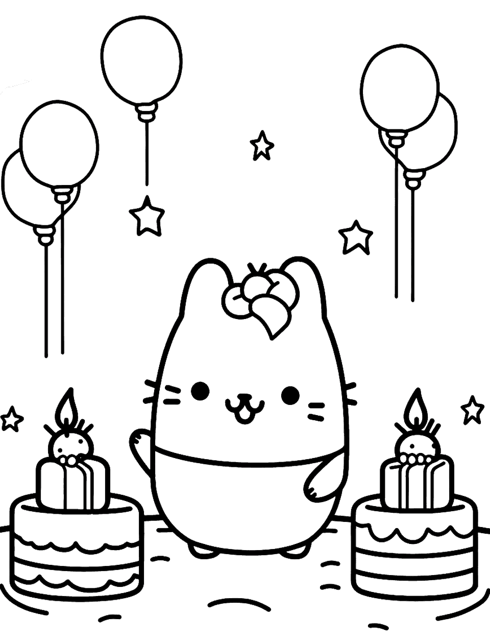 Pusheen's Birthday Bash Kawaii Coloring Page - Pusheen having a fun-filled birthday party with balloons and 2 birthday cakes.