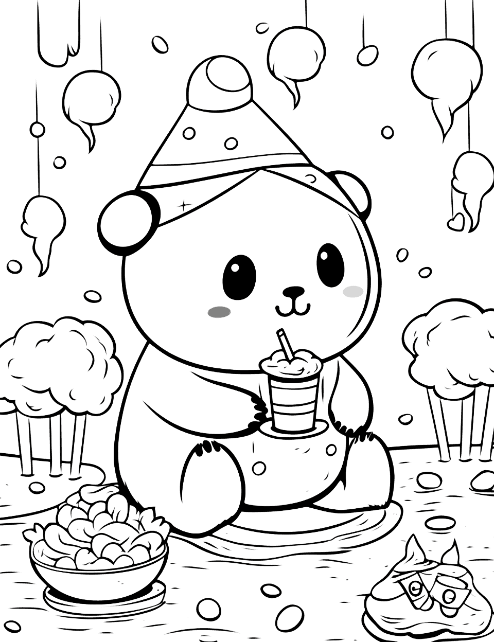 Bear's Snack Party Kawaii Coloring Page - A bear in a pointed hat sits with a cup and straw in its paws, a bowl of popcorn at its side and ice cream cones hanging above like decorations. The food gives you a reason to use every color in the box. Keep the bear a plain, soft brown so the treats stay the loudest part of the page. Those hanging cones are a nice detail to color last.