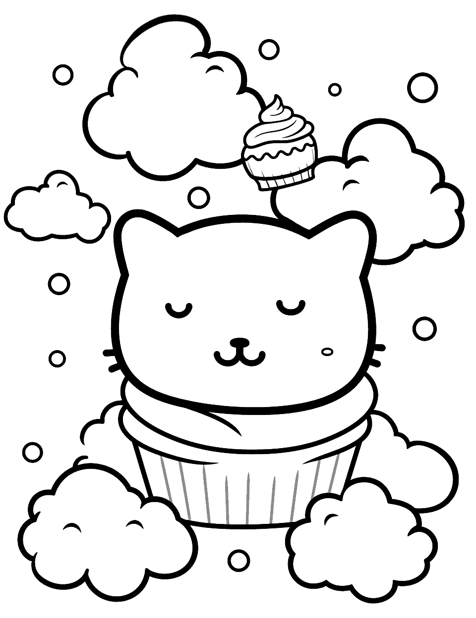 Kitty's Dessert Dream Kawaii Coloring Page - A Kawaii kitty dreaming about a sky filled with a flying cupcake.