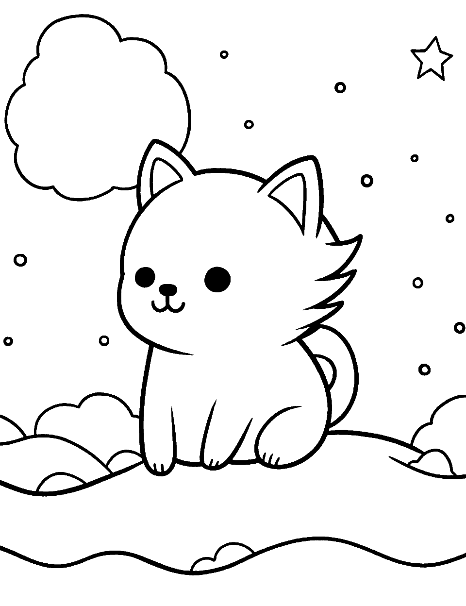 Wolf's Wish Upon a Star Coloring Page - A Kawaii wolf sitting on a hilltop.