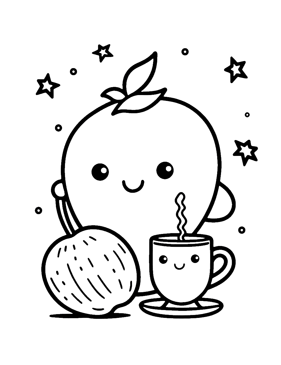 Round Fruit and a Warm Drink Kawaii Coloring Page - A round fruit with a leafy sprig and a wide smile sits beside a steaming mug and a striped melon, small stars scattered behind them. Three simple objects mean three chances to try different combinations. Warm reds and browns suit the mug, and a green melon adds contrast. This is a comfortable page for a colorer who is just getting confident.