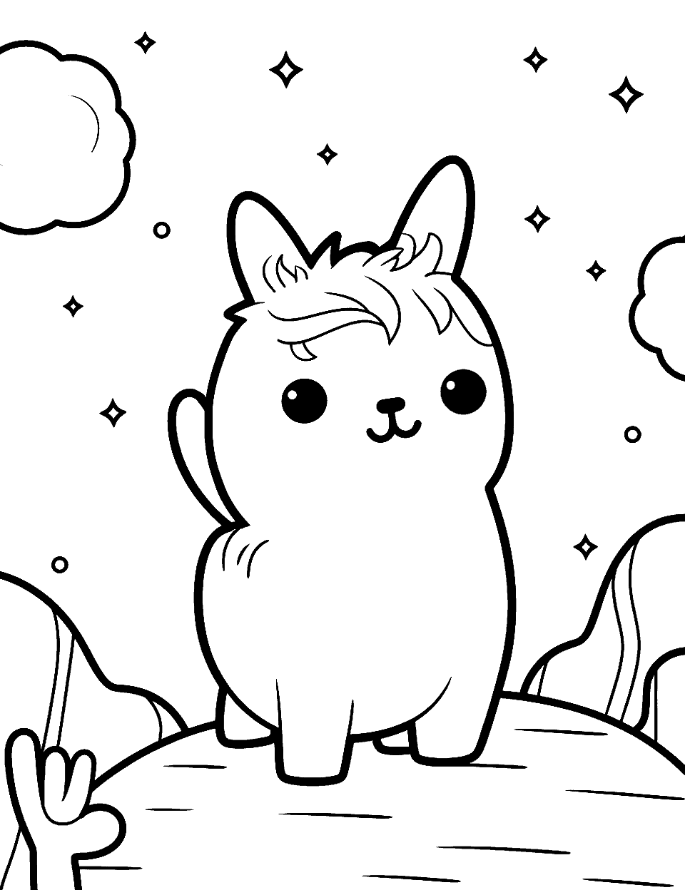 Llama's Starry Night Coloring Page - A cute Kawaii llama admiring a starry night in the desert.