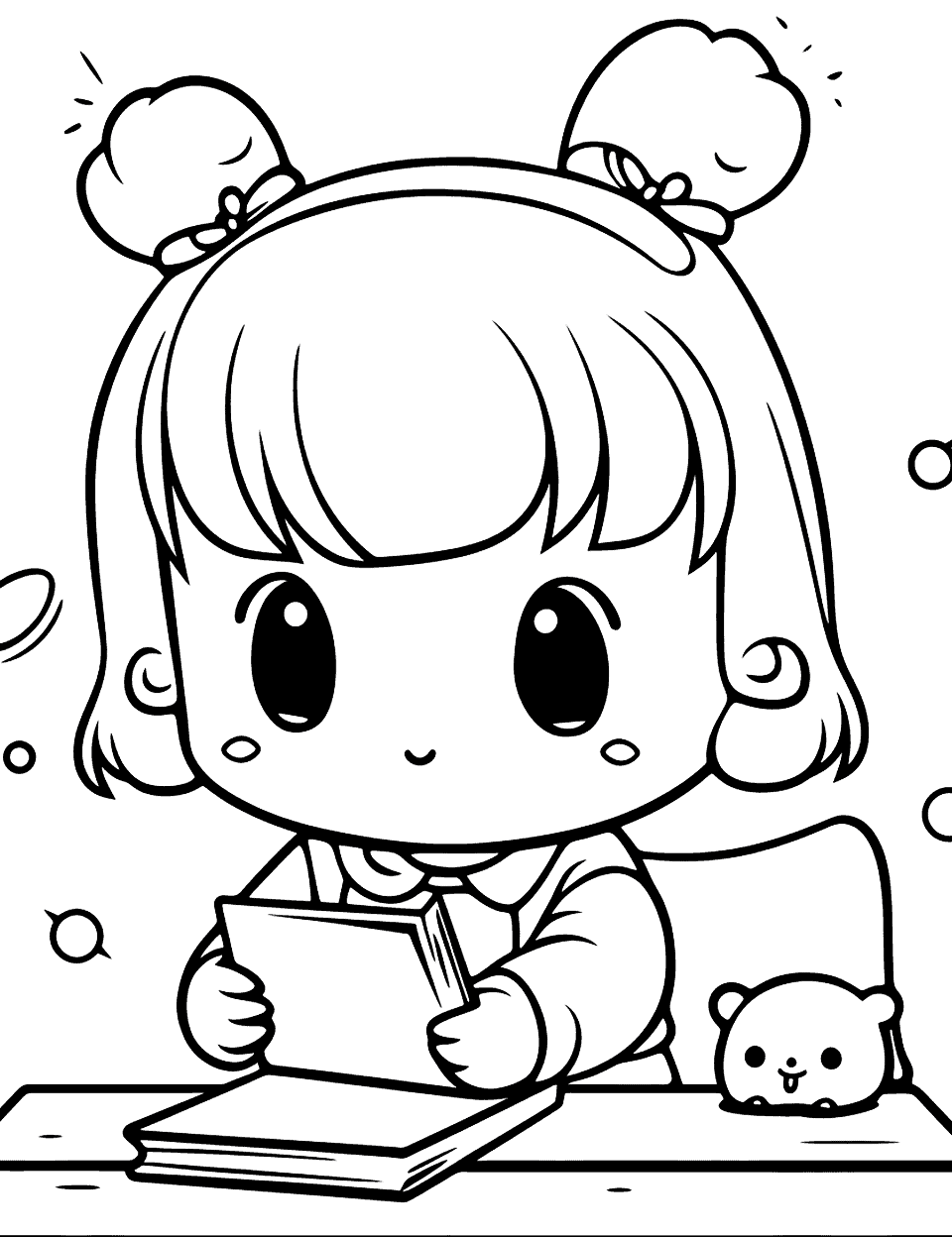 Kawaii Drawing with Anime Girl Coloring Page - An Anime girl engrossed in creating her masterpiece Kawaii drawing.