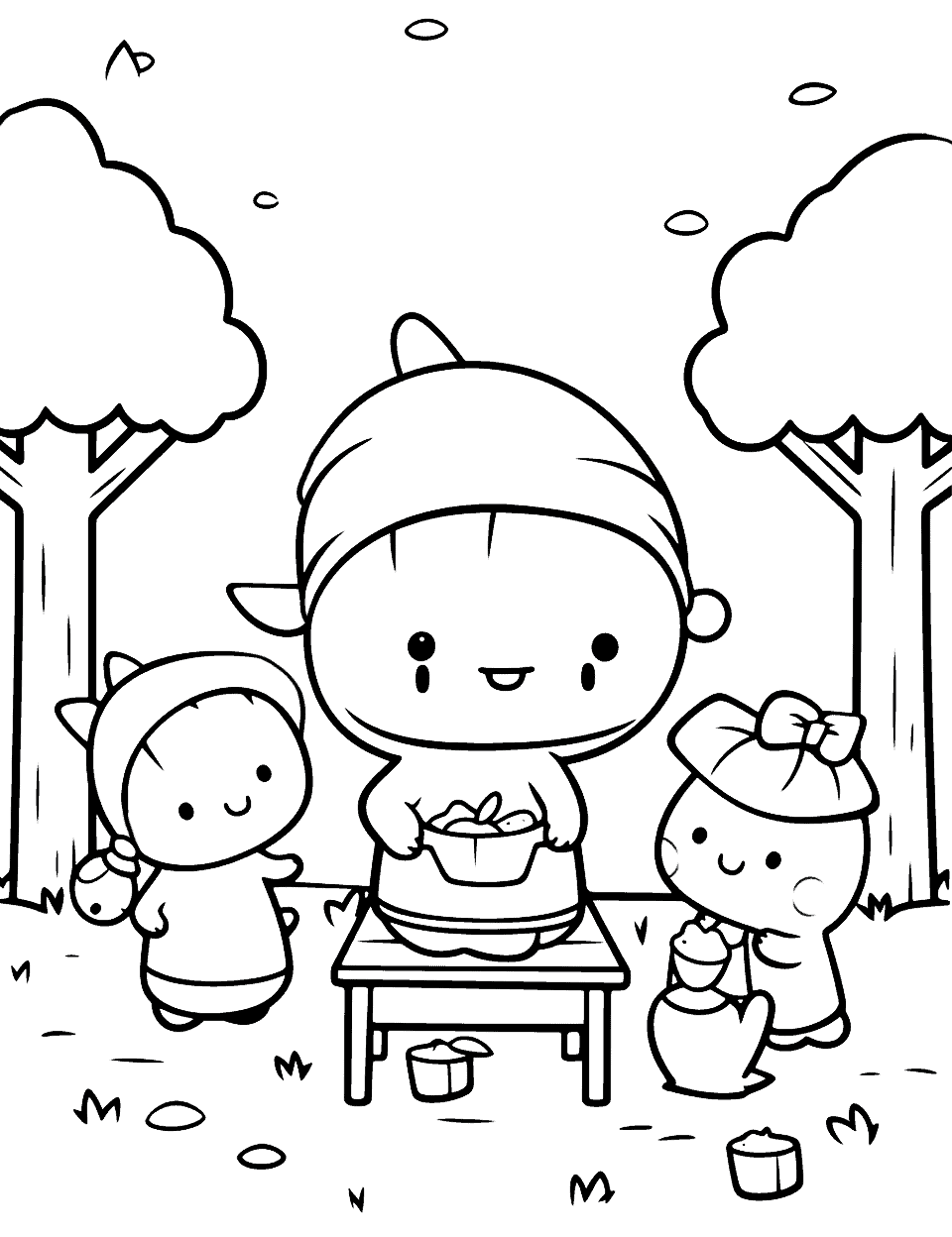 Kawaii Crush Park Outing Coloring Page - A set of Kawaii Crush characters having a picnic in a park.