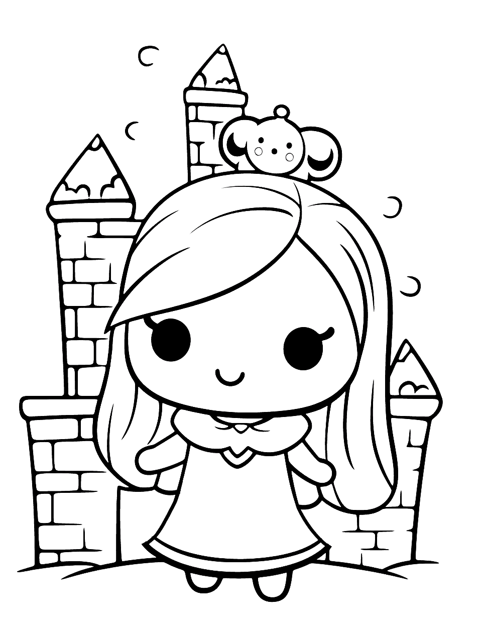 Adorable Princess in Chibi Castle Kawaii Coloring Page - A Kawaii princess exploring her beautiful chibi castle.