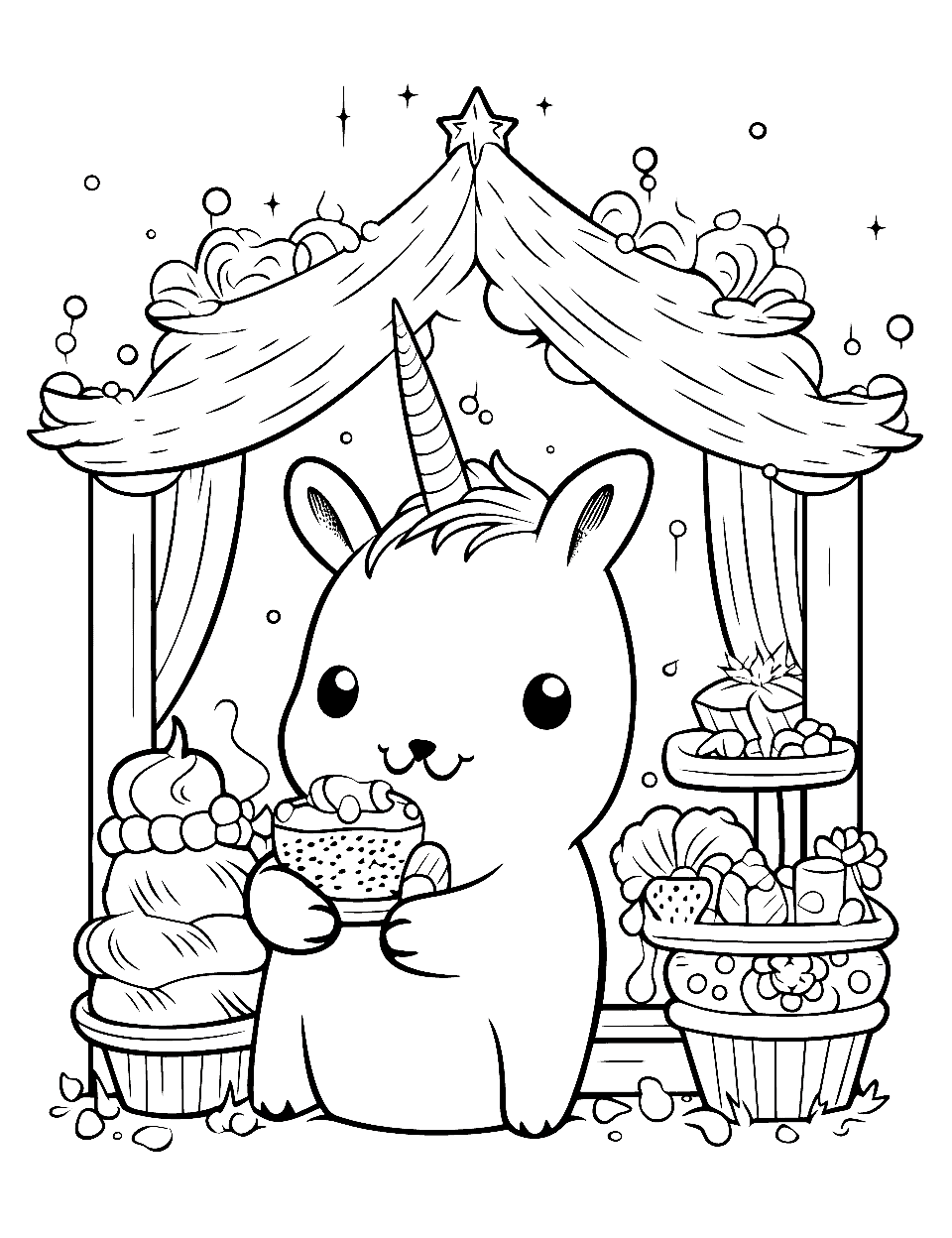 Unicorn's Sweet Shop Visit Coloring Page - A Kawaii unicorn visiting a sweet shop.