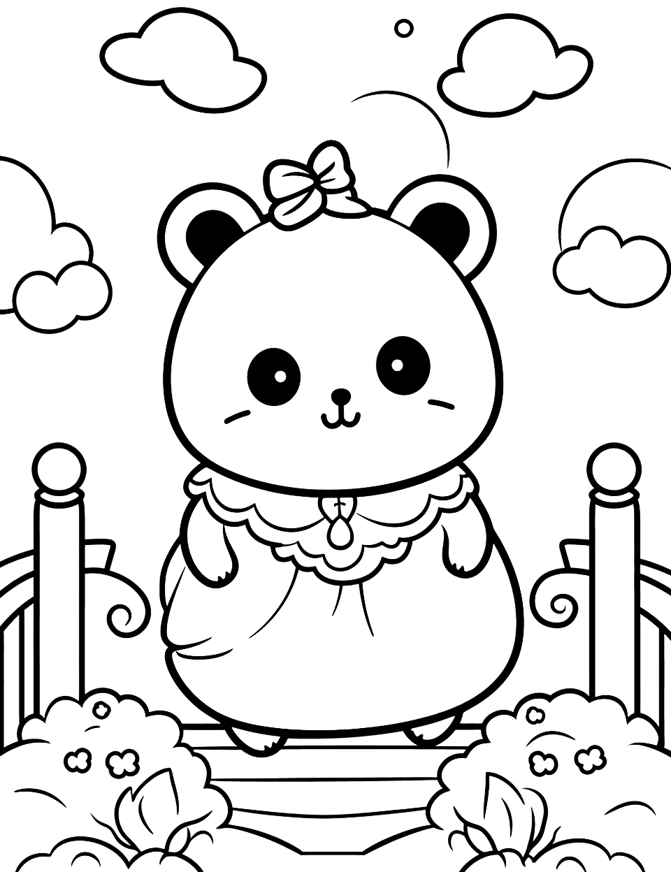 Princess Panda's Royal Garden Kawaii Coloring Page - A Kawaii panda princess taking a stroll in her beautiful royal garden.