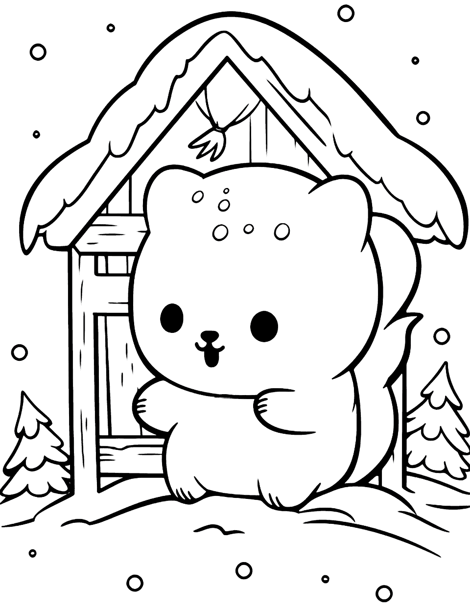 Chibi Wolf's Cute Cabin Kawaii Coloring Page - A Chibi wolf cozying up in its adorable cabin during a snowy winter night.