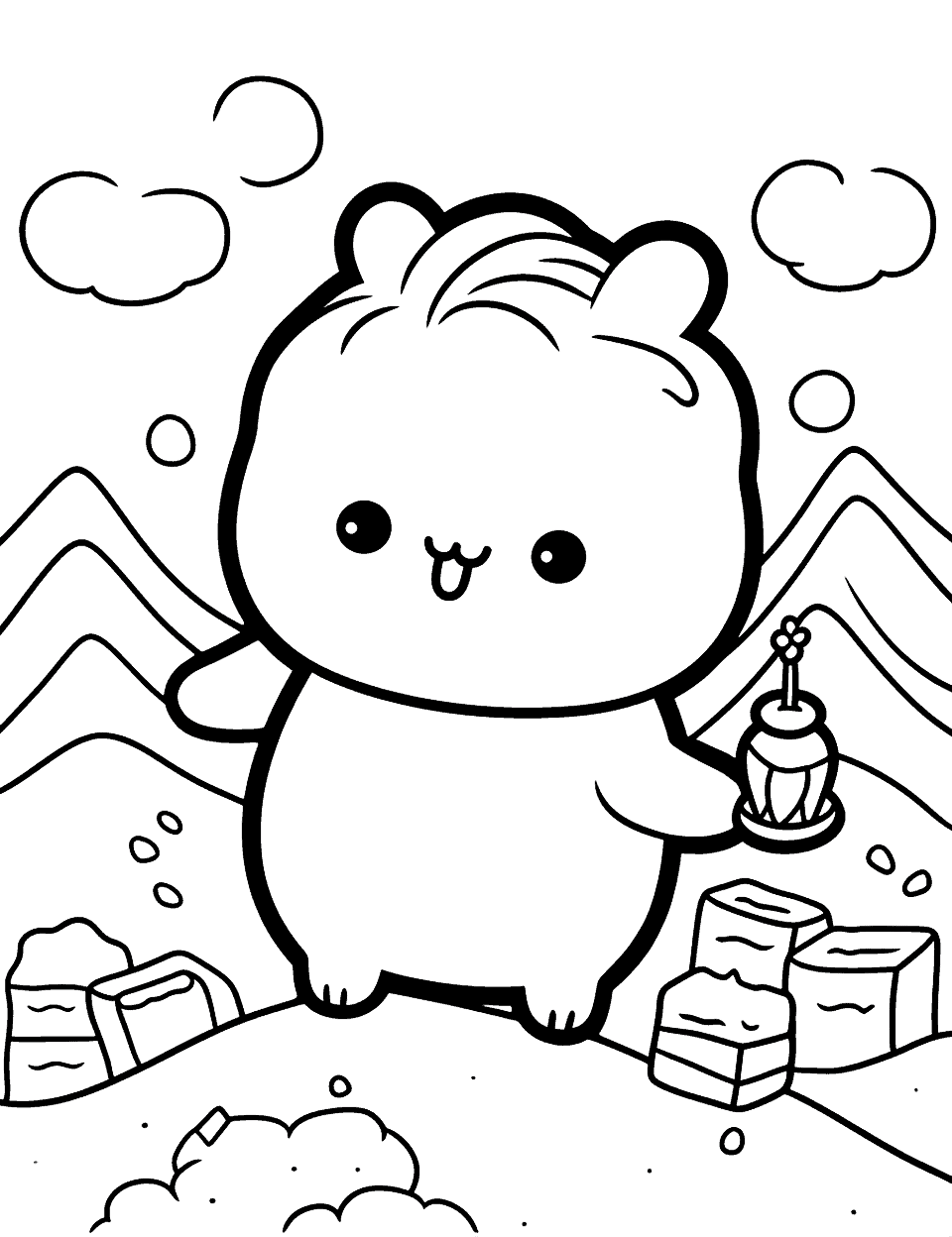 Llama's Mountain Hike Kawaii Coloring Page - A cheerful Kawaii llama is hiking up a mountain.