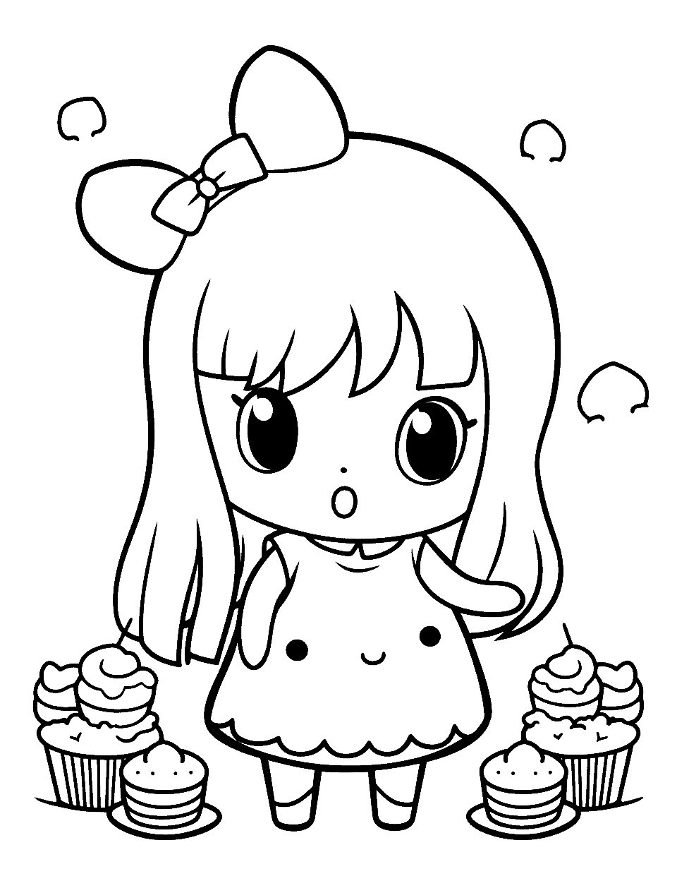 Cupcake Party with Anime Girl Kawaii Coloring Page - An Anime girl hosting a grand cupcake party for her Kawaii friends.