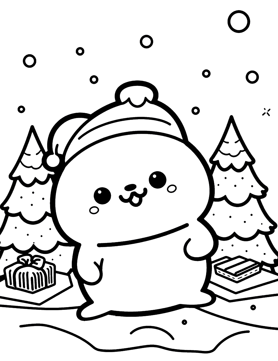 Nyan Cat's Winter Wonderland Kawaii Coloring Page - Nyan Cat having a blast in a winter wonderland filled with snowflakes and cane trees.