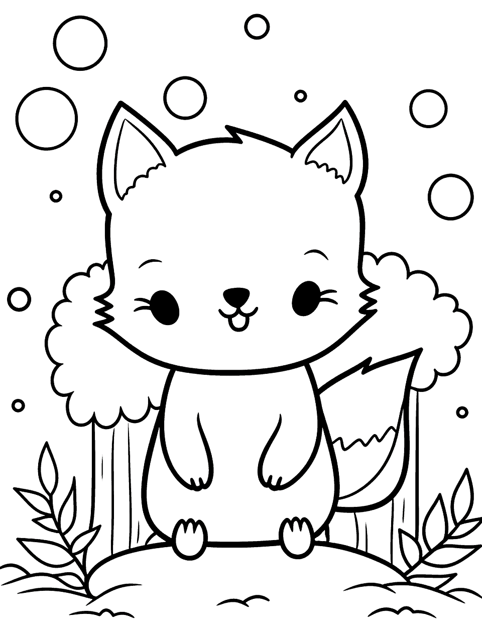 Wolf's Whimsical Woodland Kawaii Coloring Page - A Kawaii wolf exploring a whimsical woodland.