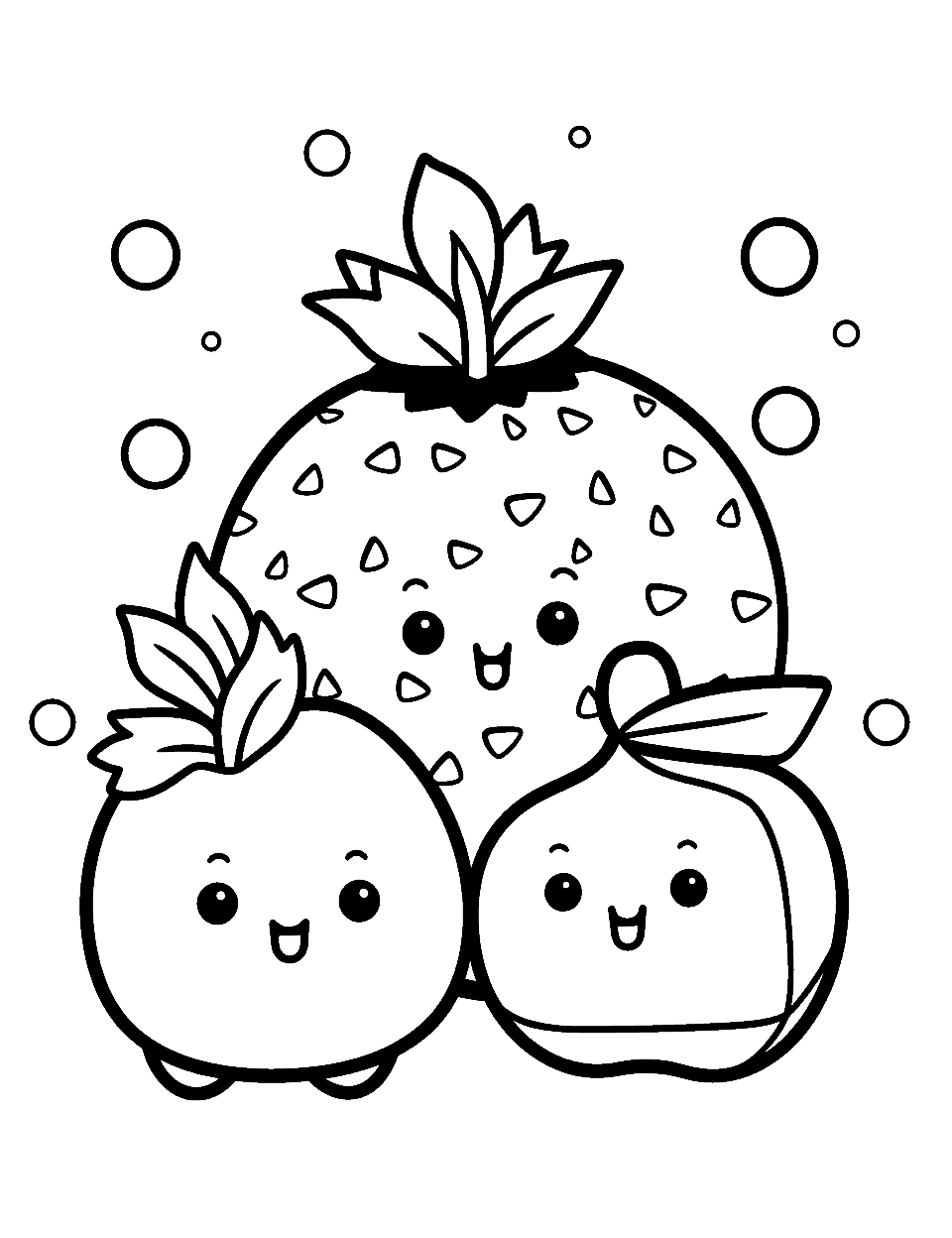 Easy-to-Color Doodle Fruits Kawaii Coloring Page - A simple doodle of assorted cute, smiling fruits for beginners to enjoy coloring.