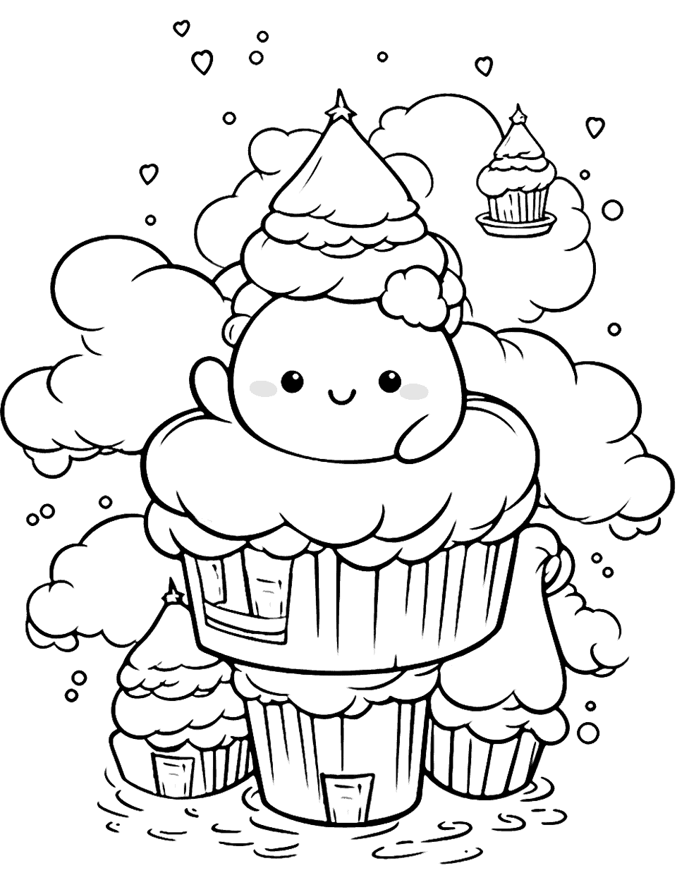 Adorable Dessert Island Kawaii Coloring Page - A Kawaii island made entirely of desserts, with ice cream trees and cupcake houses.