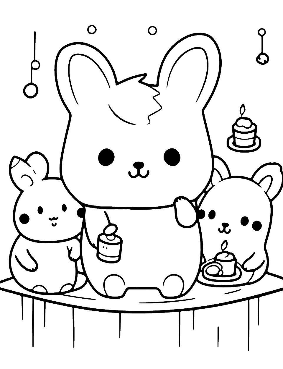Easy-to-Color Animal Pajama Party Kawaii Coloring Page - A simple coloring page featuring several Kawaii animals having a fun pajama party.