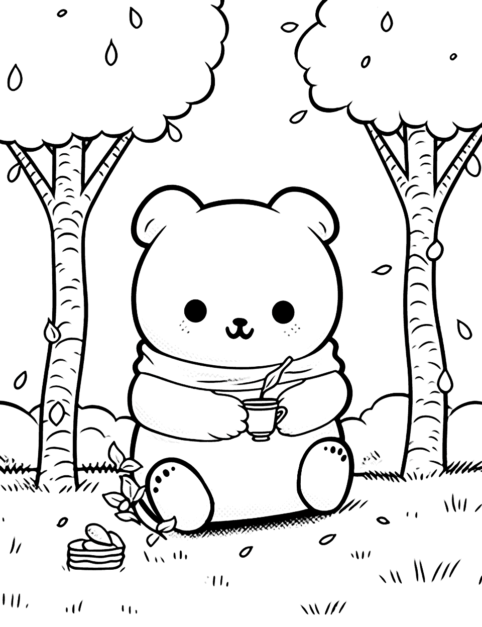 Panda's Perfect Picnic Coloring Page - A Kawaii panda enjoying a perfect picnic under the shade of a large, leafy tree.