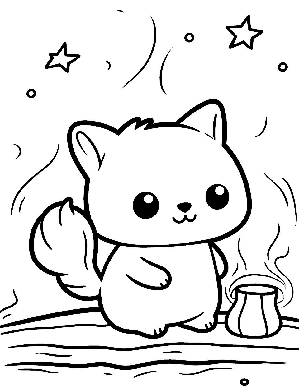 Fox's Starry Night  Kawaii Coloring Page - A Kawaii fox having a fun time under the starry sky.