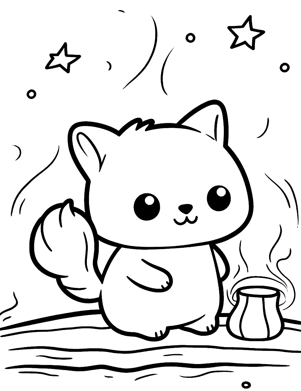 Fox's Starry Night  Kawaii Coloring Page - A Kawaii fox is having a fun time under the starry sky.