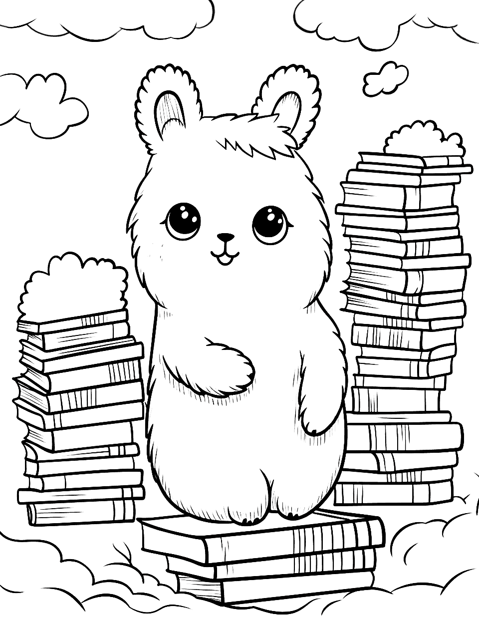 Llama's Lovely Library Day Kawaii Coloring Page - A Kawaii llama spending a peaceful day in the library.