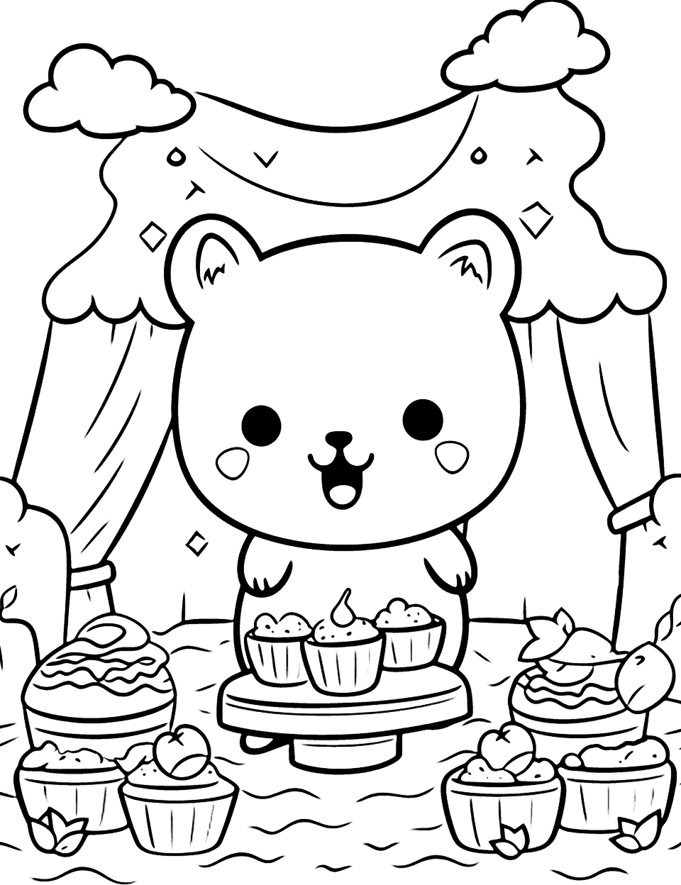 Dog's Dreamland Dessert Party Kawaii Coloring Page - A Kawaii dog throwing a dessert party in its dreamland.