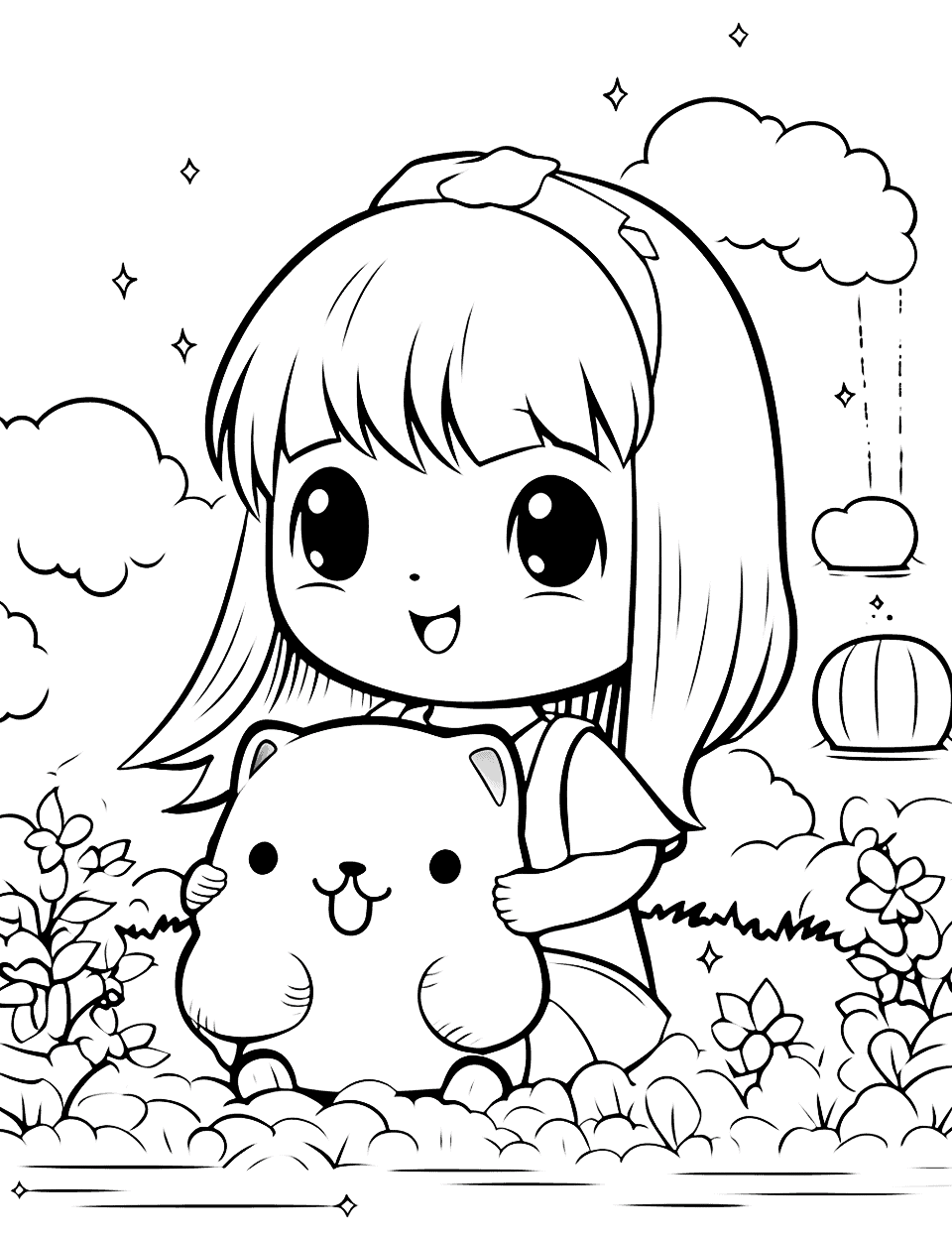 Anime Girl's Adorable Animal Friend Kawaii Coloring Page - An Anime girl playing with her adorable Kawaii animal friend in a sunny park.