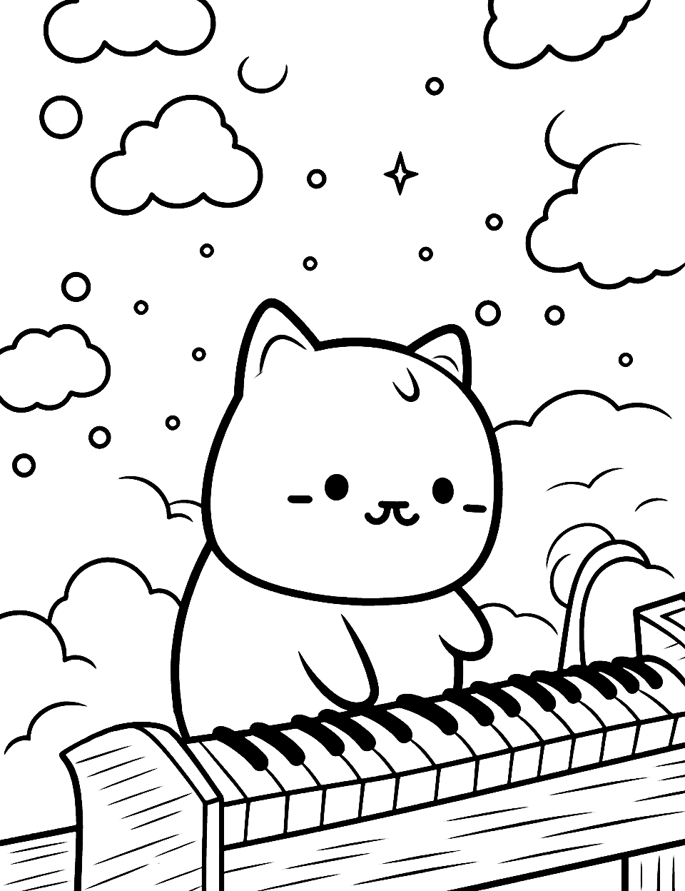 Nyan Cat's Musical Melody Kawaii Coloring Page - Nyan Cat playing a magical melody on a colorful piano in the sky.