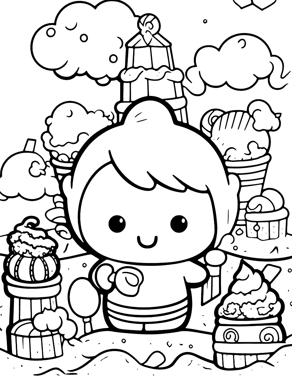 Kawaii Crush's Candyland Journey Coloring Page - Kawaii Crush characters embarking on a fun journey through a land filled with candies and sweets.