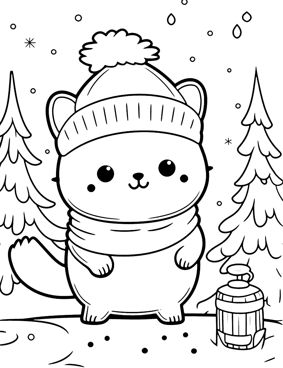 Wolf's Winter Wonderland Adventure Kawaii Coloring Page - A Kawaii wolf having an adventure in a winter wonderland.