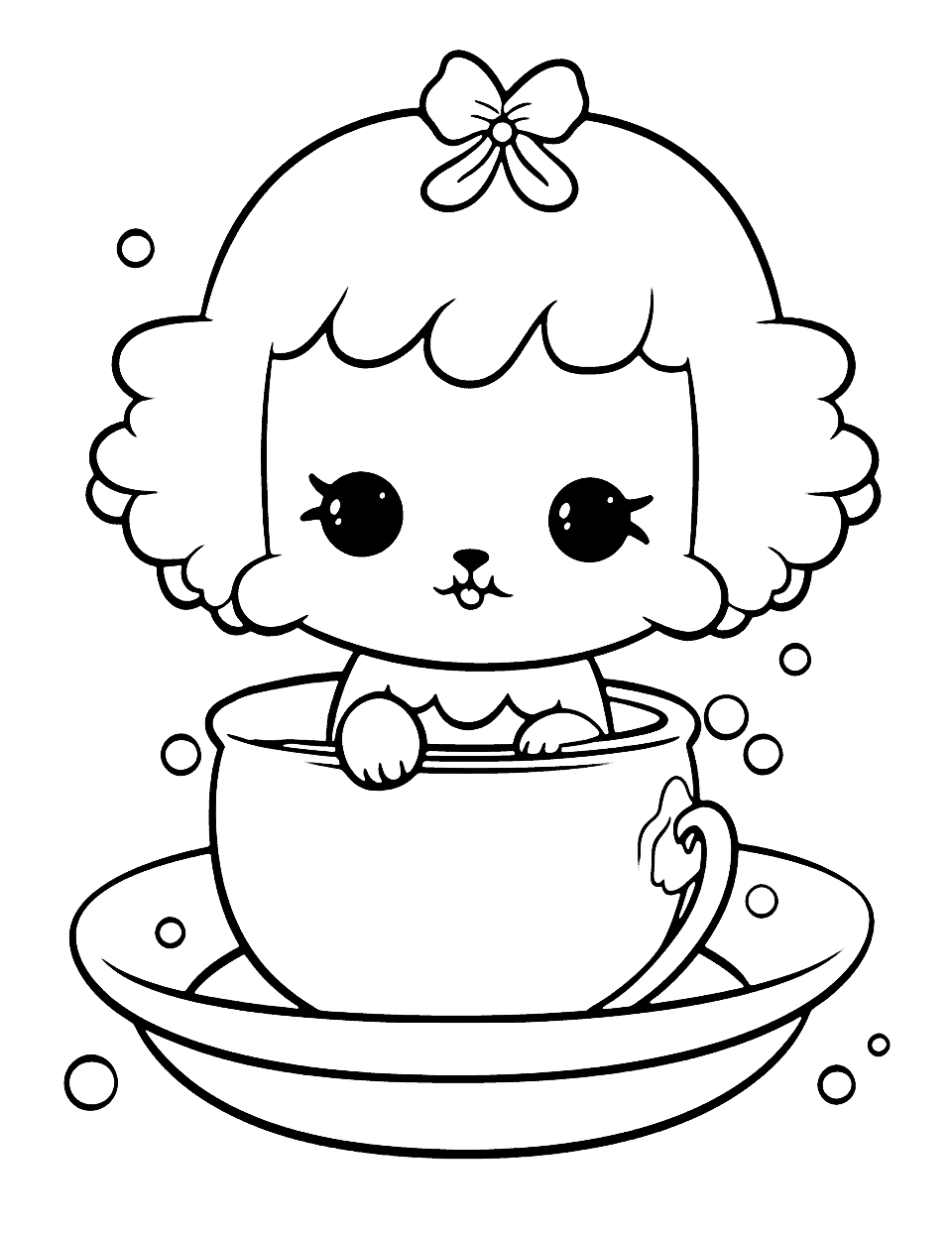 Princess Poodle in a Teacup Kawaii Coloring Page - A Kawaii princess poodle sitting adorably in a colorful teacup.