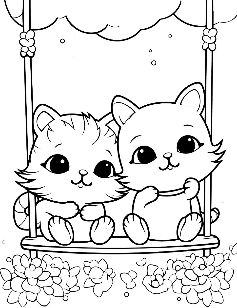 Cute BFF Cats on a Swing Kawaii Coloring Page - Two Kawaii cat besties enjoying a fun swing ride.