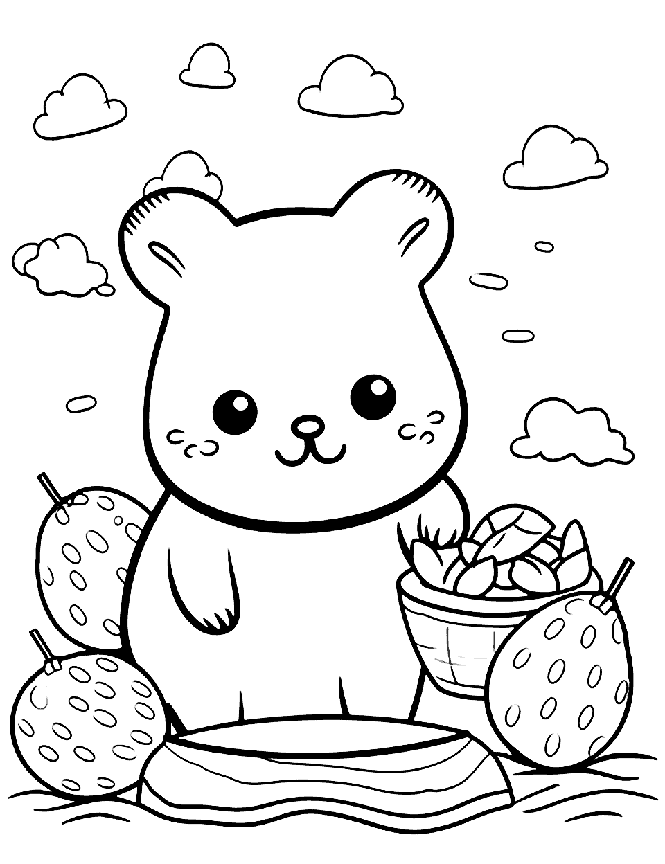 Fox's Summer Fruit Bash Kawaii Coloring Page - A Kawaii fox having a feast with summer fruits like watermelon and other fruits.