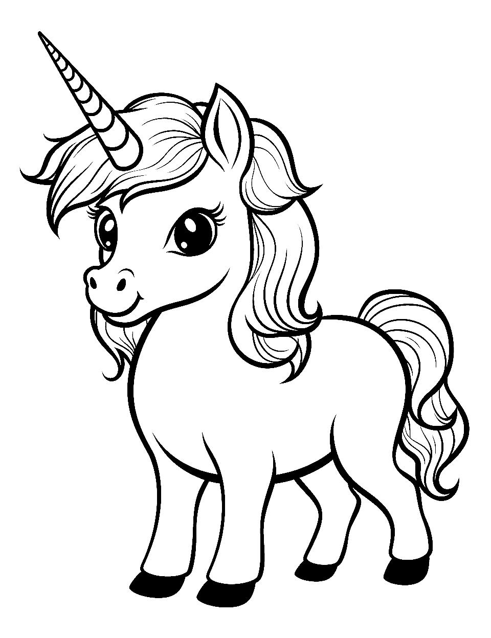 Cute Baby Unicorn Coloring Page - A cute, plump baby unicorn with big eyes. It has soft, fluffy fur and a tiny horn.
